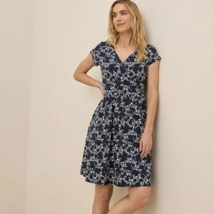 PACT Fit & Flare Crossover Dress Organic Cotton Stretch Navy Ditsy Floral